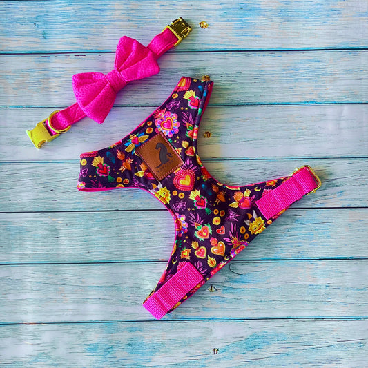 Conjunto Frida Corazones para perros y gatos Arnes+Collar con Corbatin