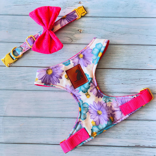 Conjunto Big Flower-Pink para perros y gatos Arnes+Collar con Corbatin