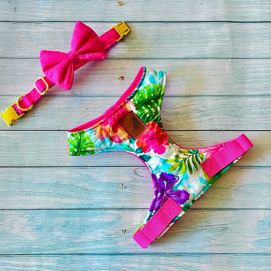 Conjunto Hawaian-Pink para perros y gatos Arnes+Collar con Corbatin